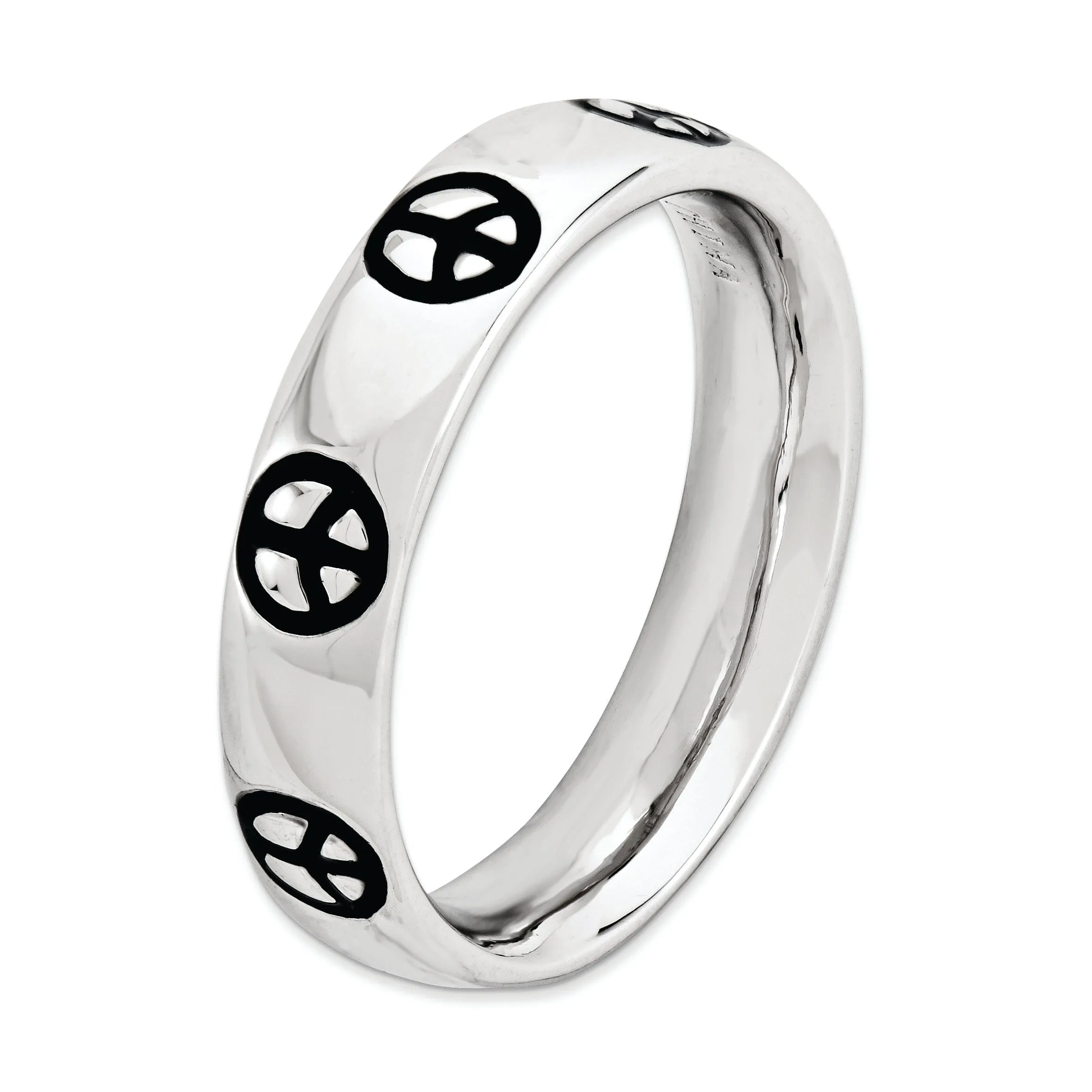 Sterling Silver Polished Enameled Peace Sign Ring