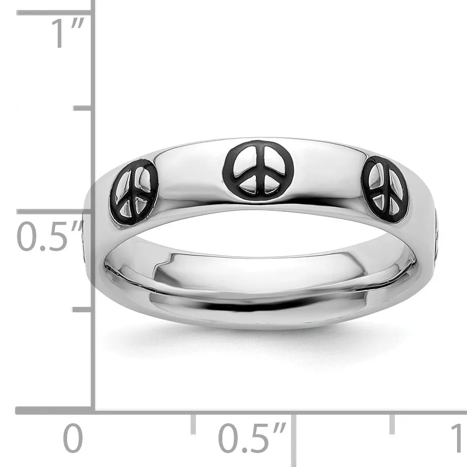 Sterling Silver Polished Enameled Peace Sign Ring