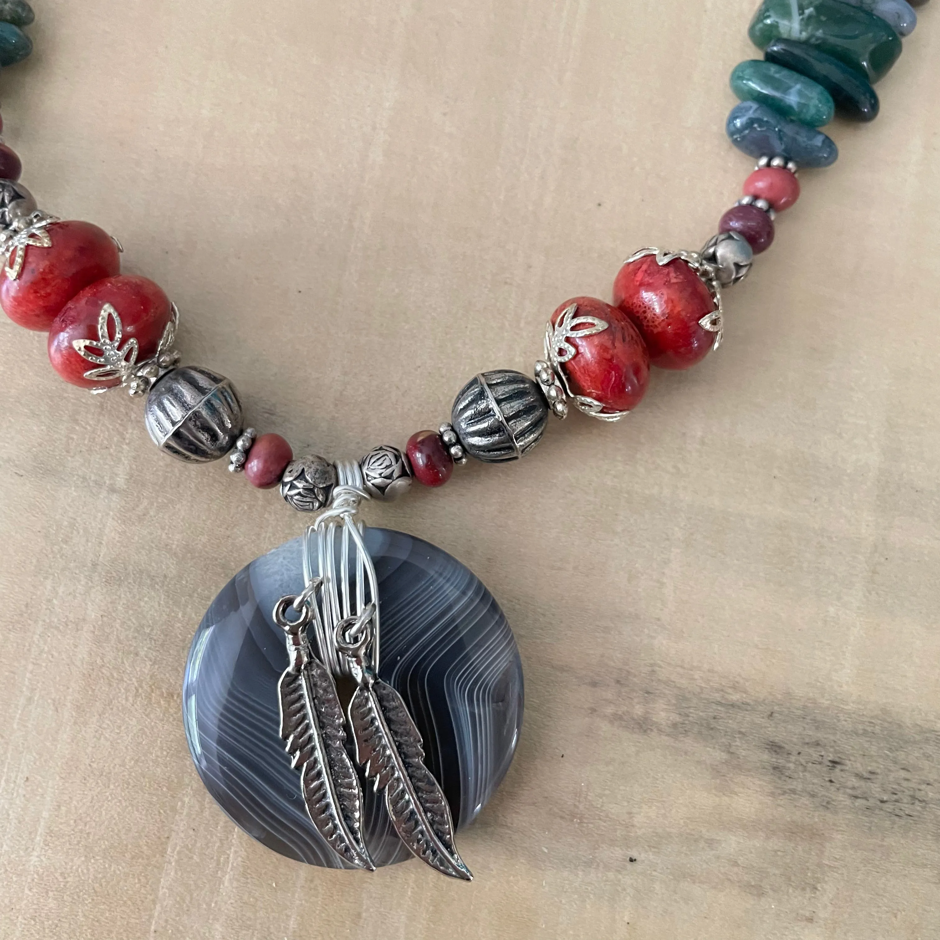 Swirling Agate & Feather Pendant Necklace 19" Jasper Coral Southwest Western Mixed Metal Wire Wrapped