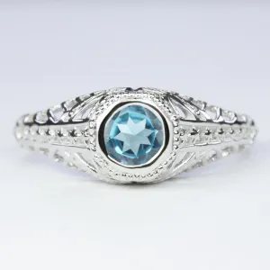 SWISS BLUE TOPAZ STERLING SILVER RING VINTAGE STYLE FILIGREE SOLITAIRE GEMSTONE