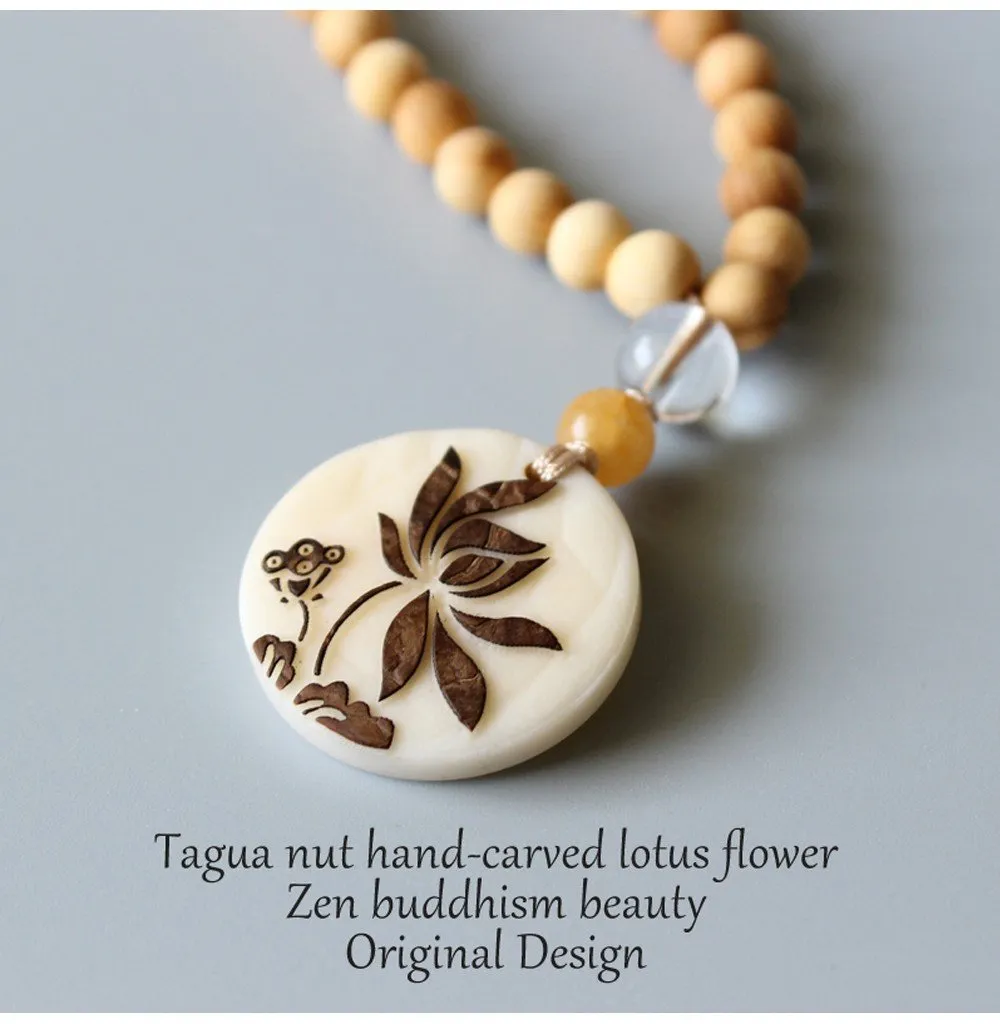 Tagua Nut Hand-carved Lotus Flower Mala Beads Necklace