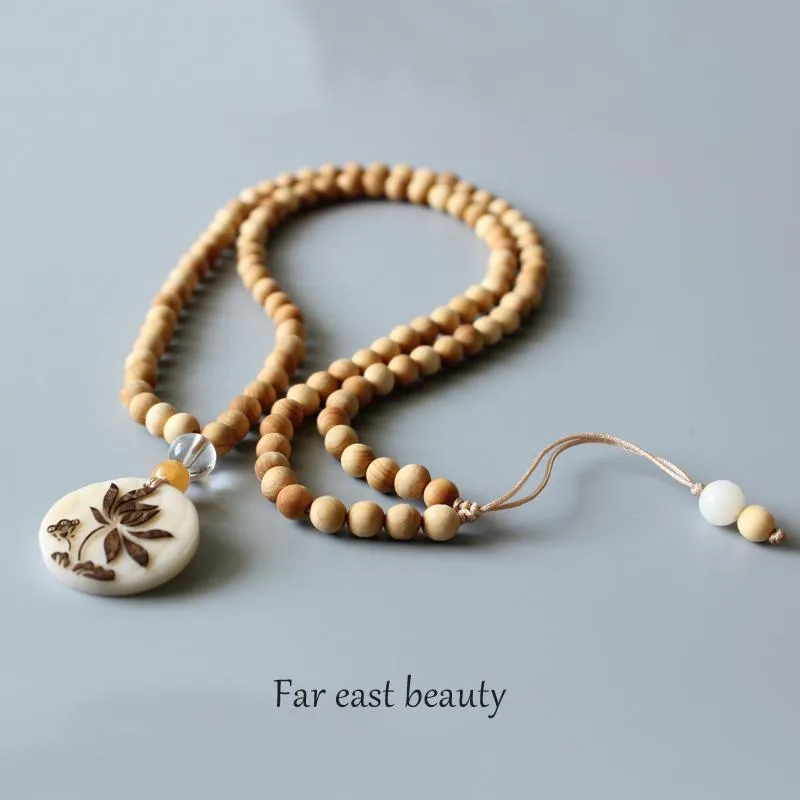 Tagua Nut Hand-carved Lotus Flower Mala Beads Necklace