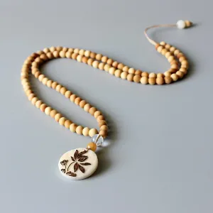 Tagua Nut Hand-carved Lotus Flower Mala Beads Necklace