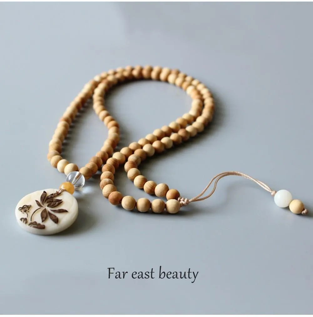 Tagua Nut Hand-carved Lotus Flower Mala Beads Necklace