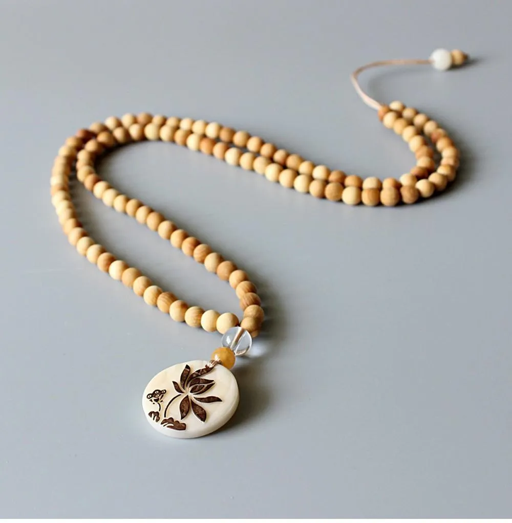 Tagua Nut Hand-carved Lotus Flower Mala Beads Necklace