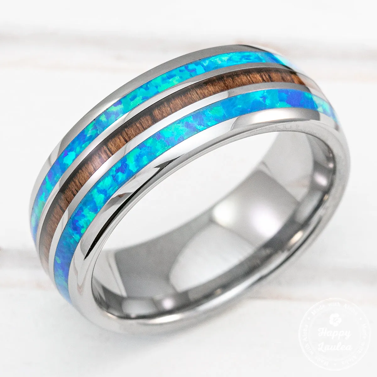 Tungsten Carbide Ring with Blue Opal & Hawaiian Koa Wood Tri-Inlay (Opal-Wood-Opal) - 8mm, Dome Shape, Comfort Fitment