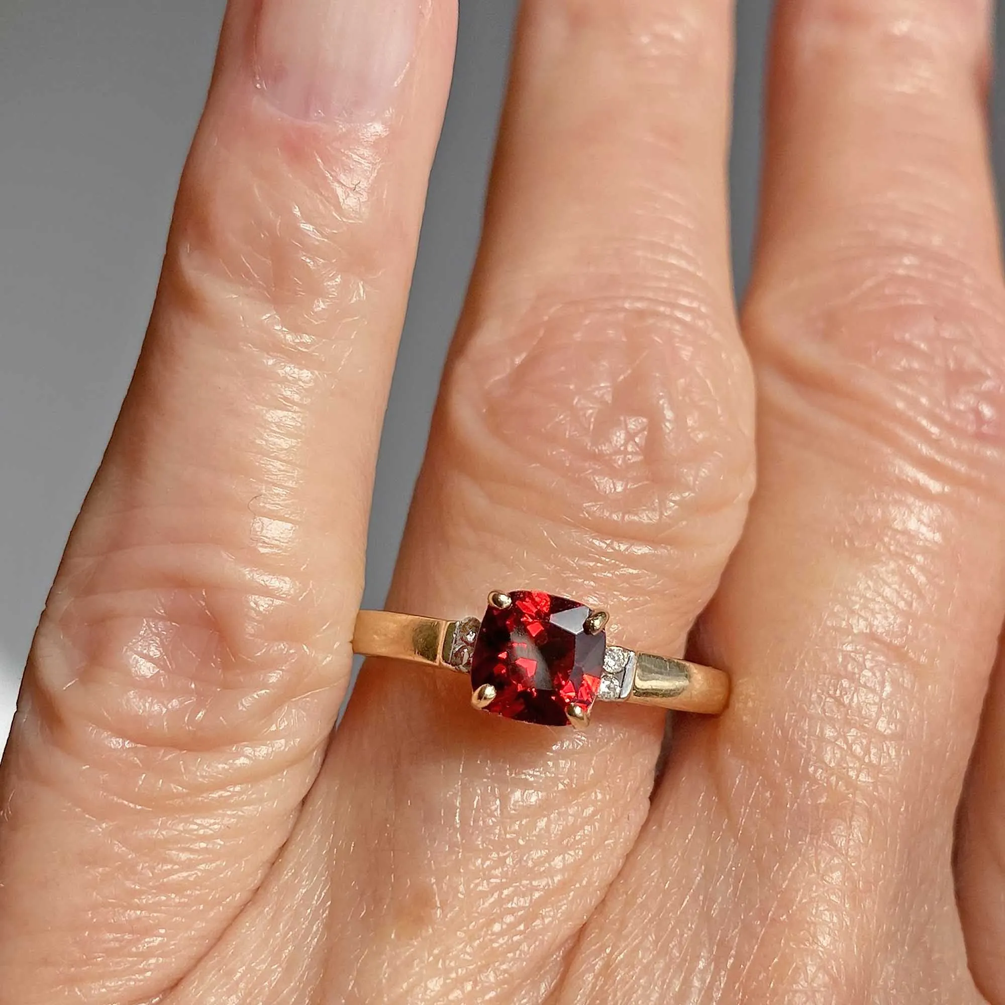 Vintage Diamond Cushion Cut Garnet Ring in Gold