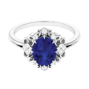 Vintage Inspired Created Blue Sapphire Engagement Ring with Diamond