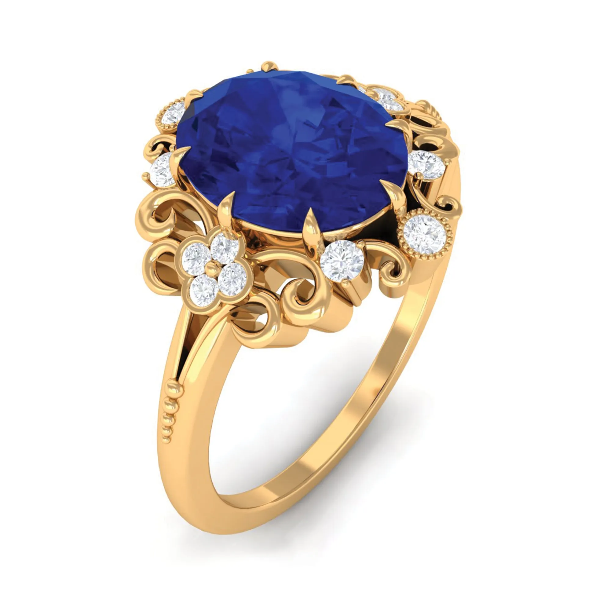 Vintage Inspired Created Blue Sapphire Engagement Ring with Diamond