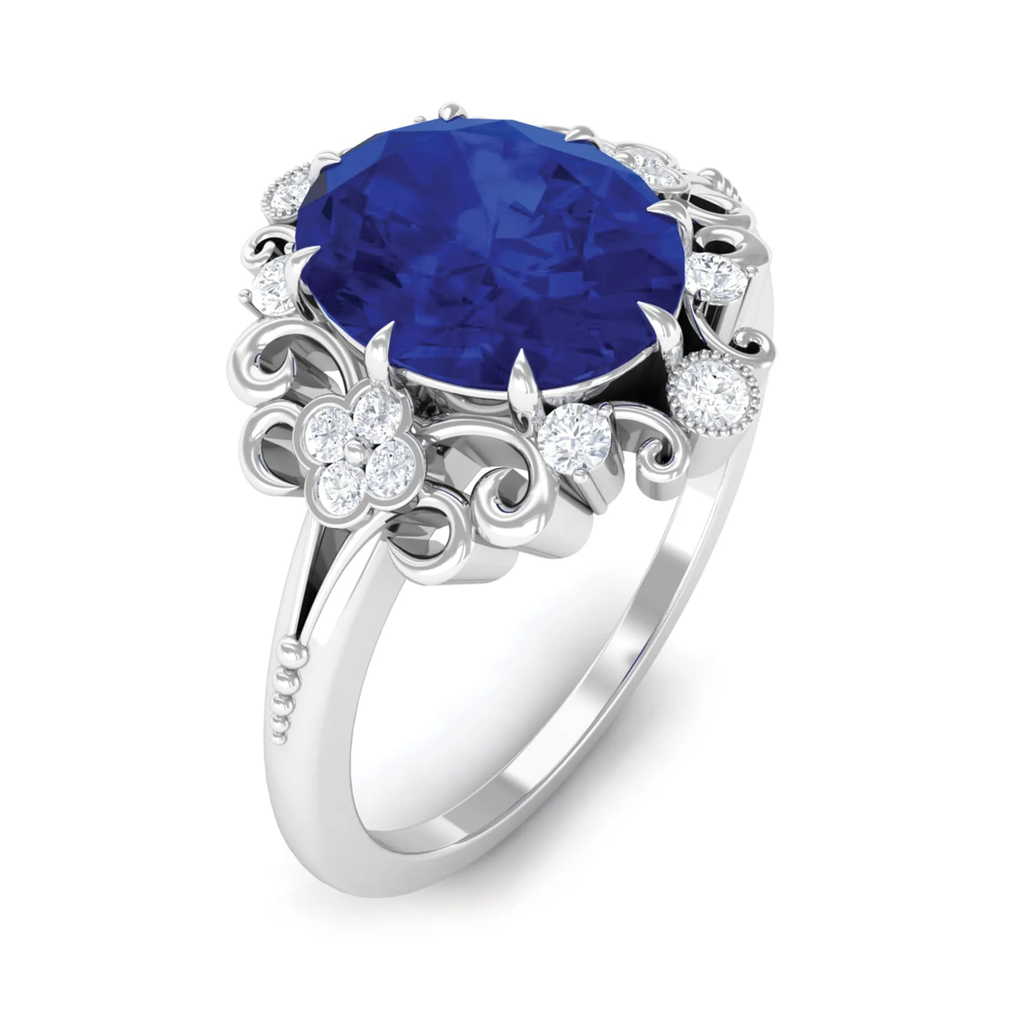 Vintage Inspired Created Blue Sapphire Engagement Ring with Diamond