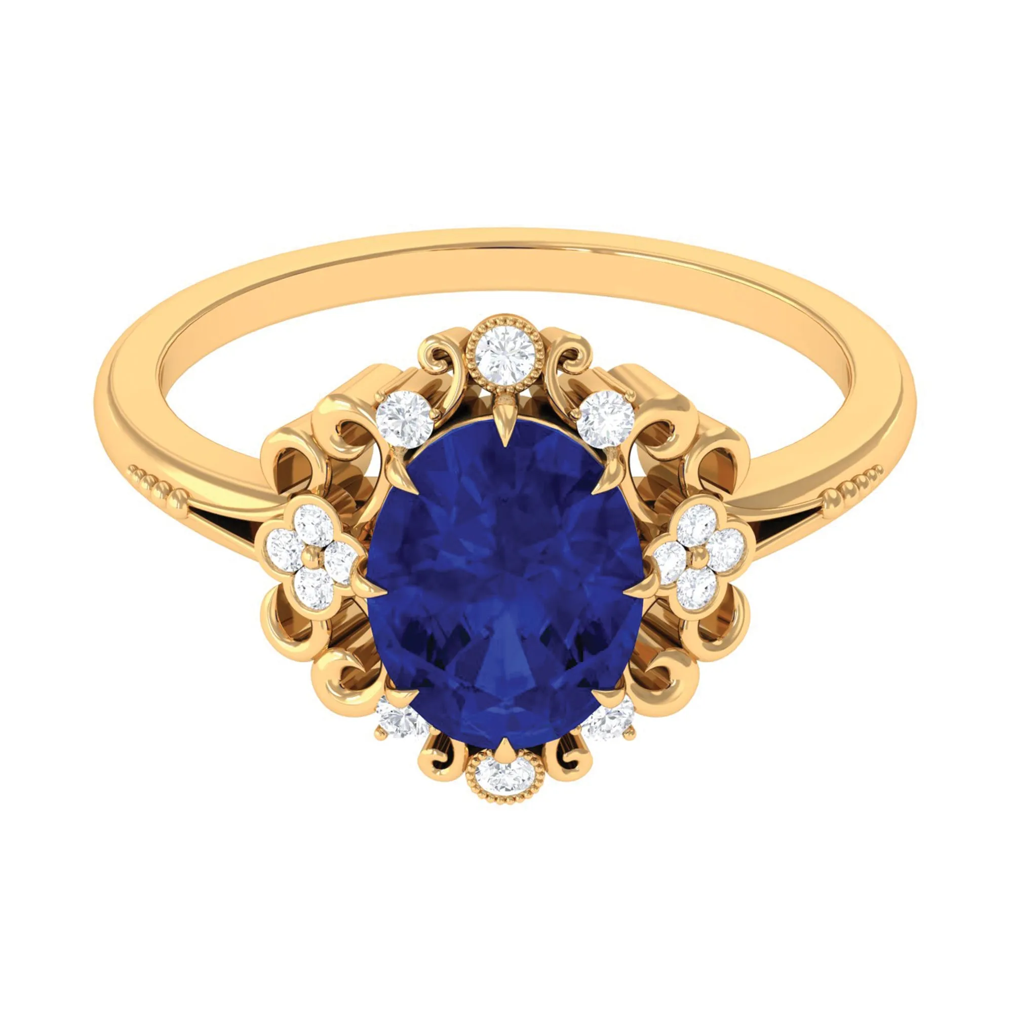 Vintage Inspired Created Blue Sapphire Engagement Ring with Diamond