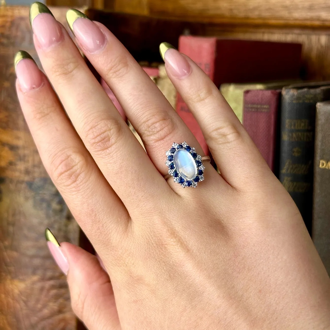 Vintage Moonstone Sapphire Diamond Cluster Ring 3.75ct Moonstone