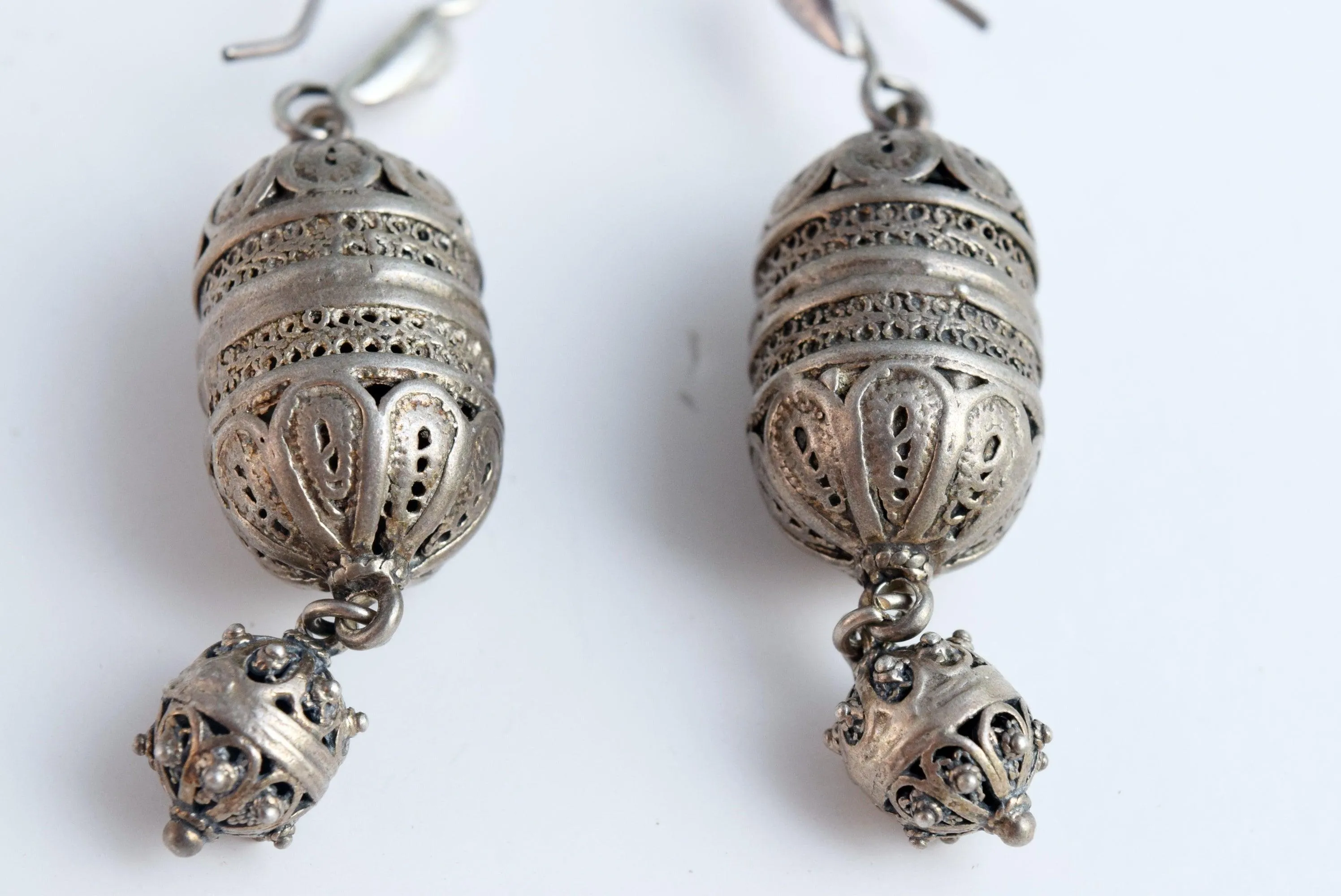 Vintage Silver Balkan Filigree Button Earrings