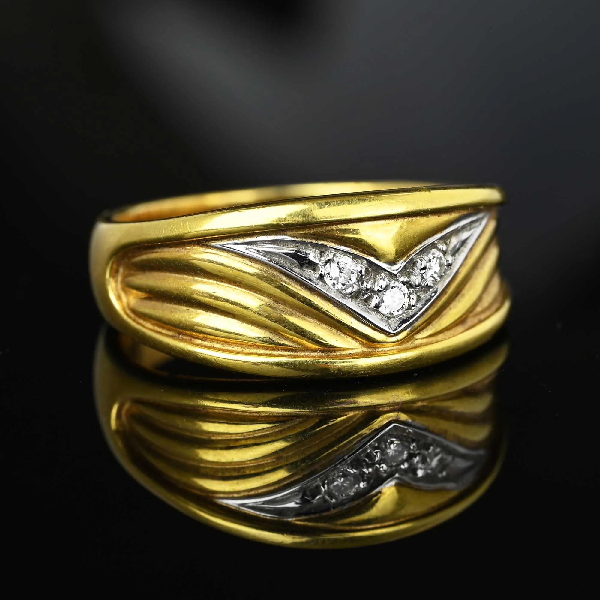 Winged Chevron Diamond Two Tone 14K Gold Ring Band