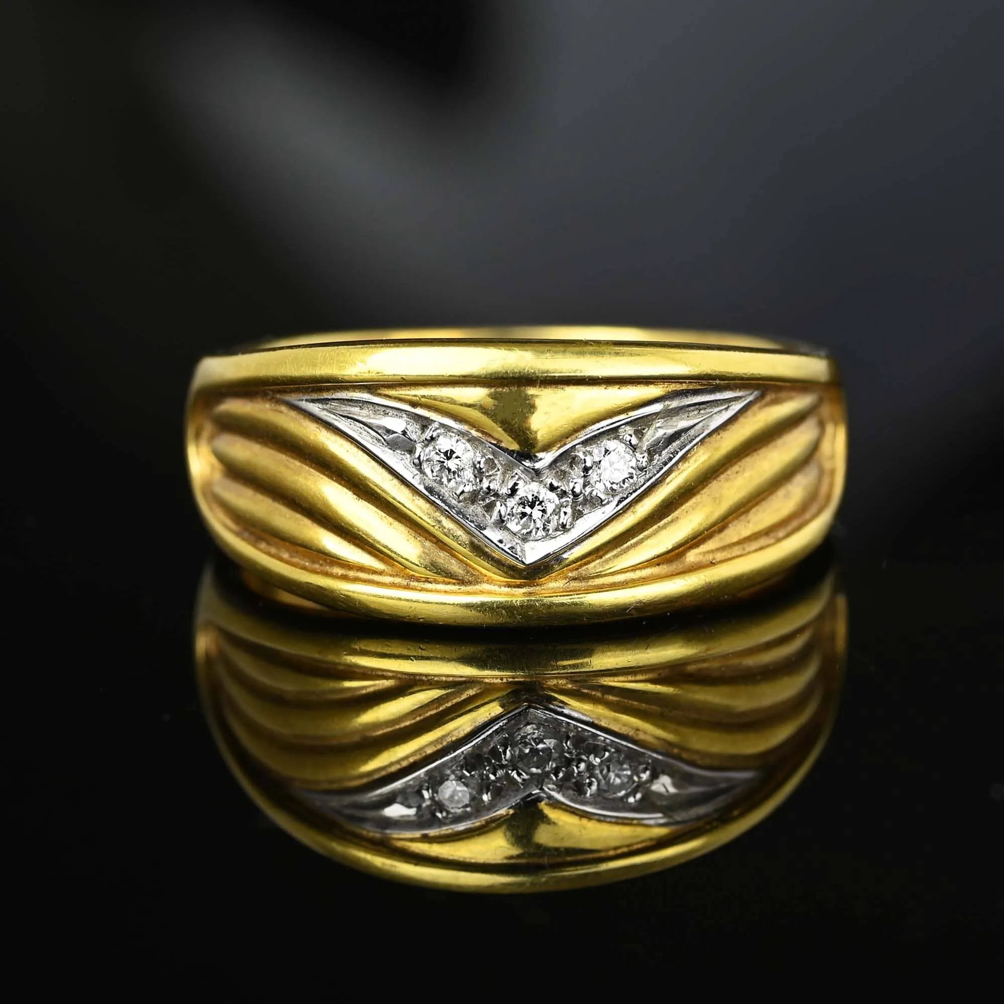 Winged Chevron Diamond Two Tone 14K Gold Ring Band