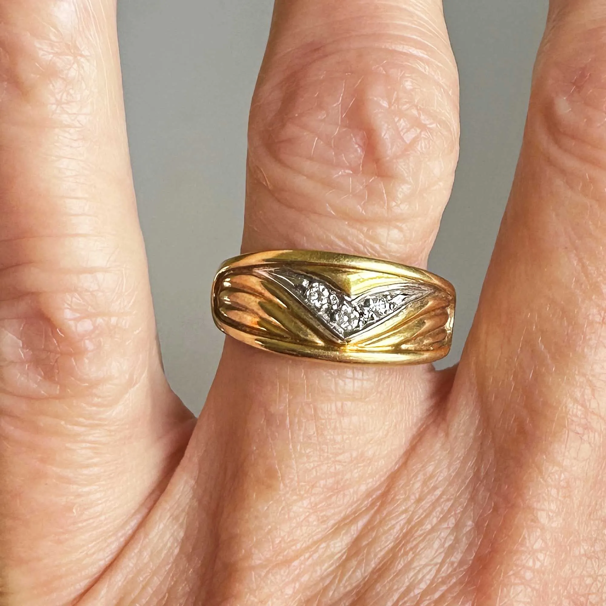 Winged Chevron Diamond Two Tone 14K Gold Ring Band