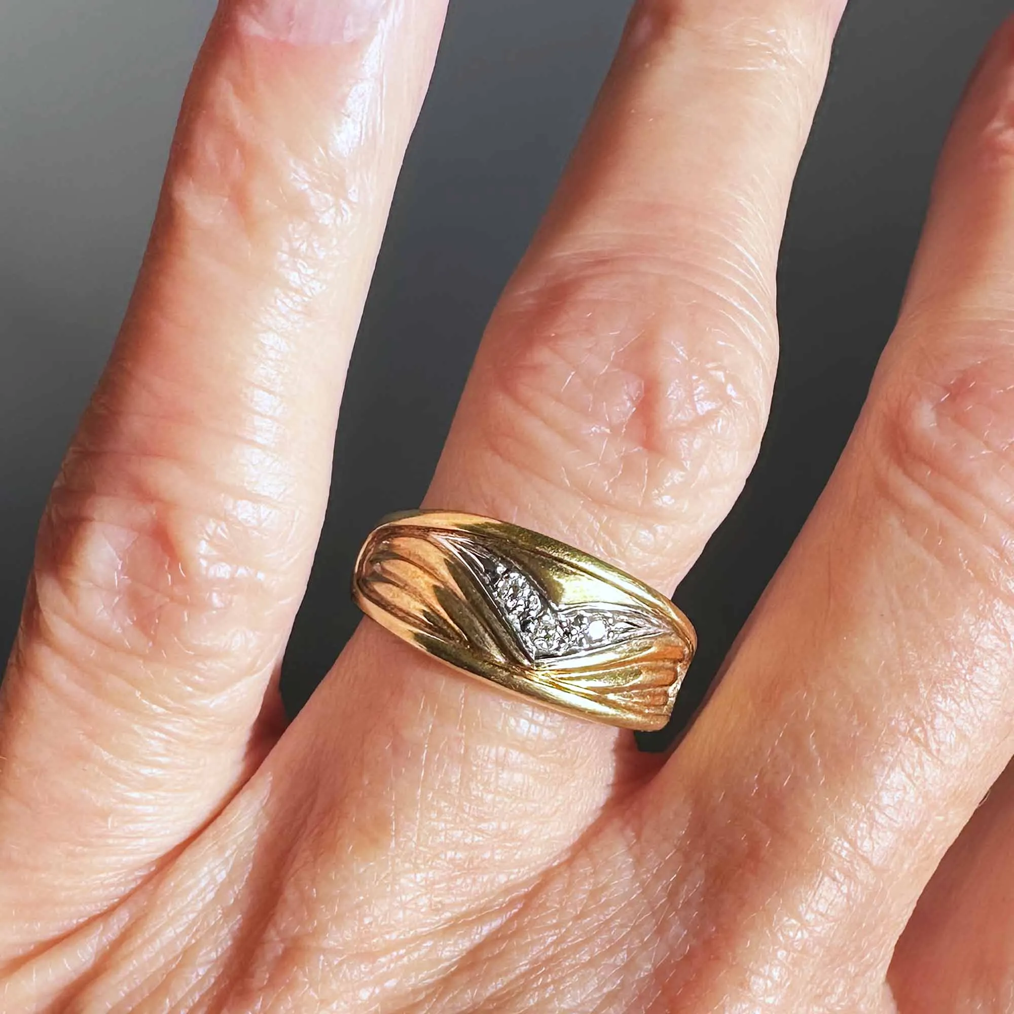 Winged Chevron Diamond Two Tone 14K Gold Ring Band