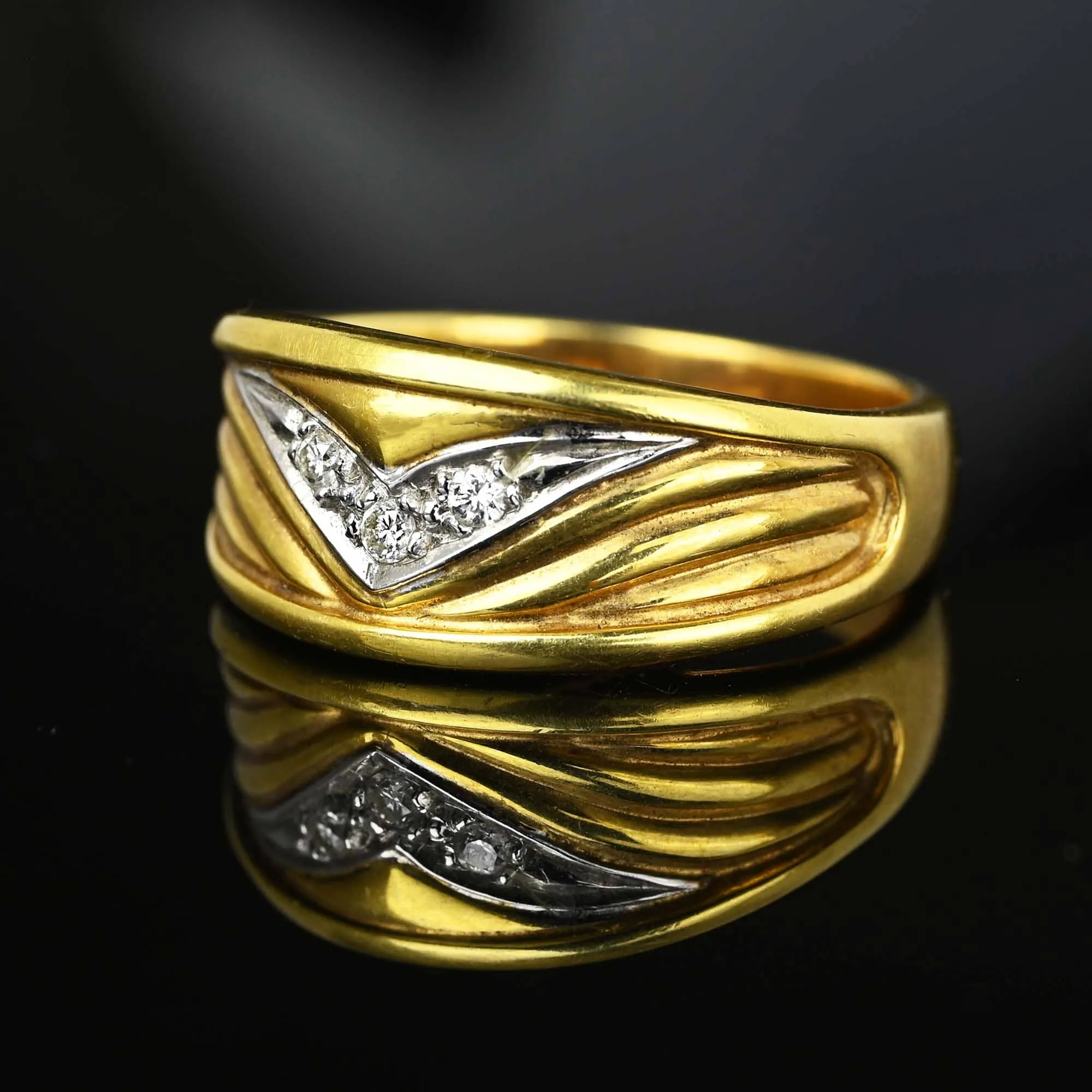 Winged Chevron Diamond Two Tone 14K Gold Ring Band