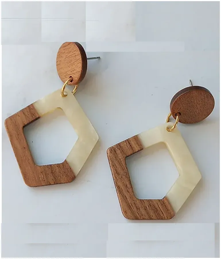 Wood Resin Stainless Steel Dangle Angle Earrings - White