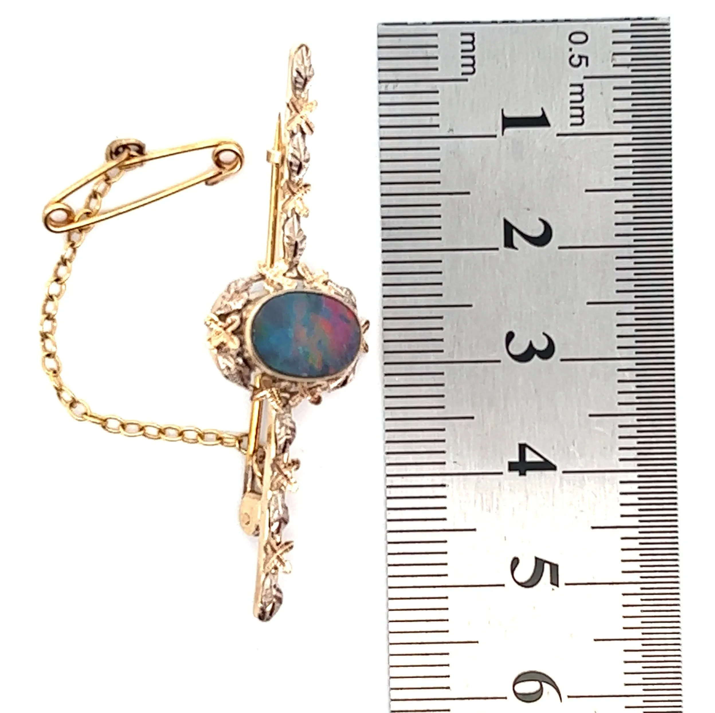 Yellow and White Gold Opal Bar Brooch with Flowers Along the Bar