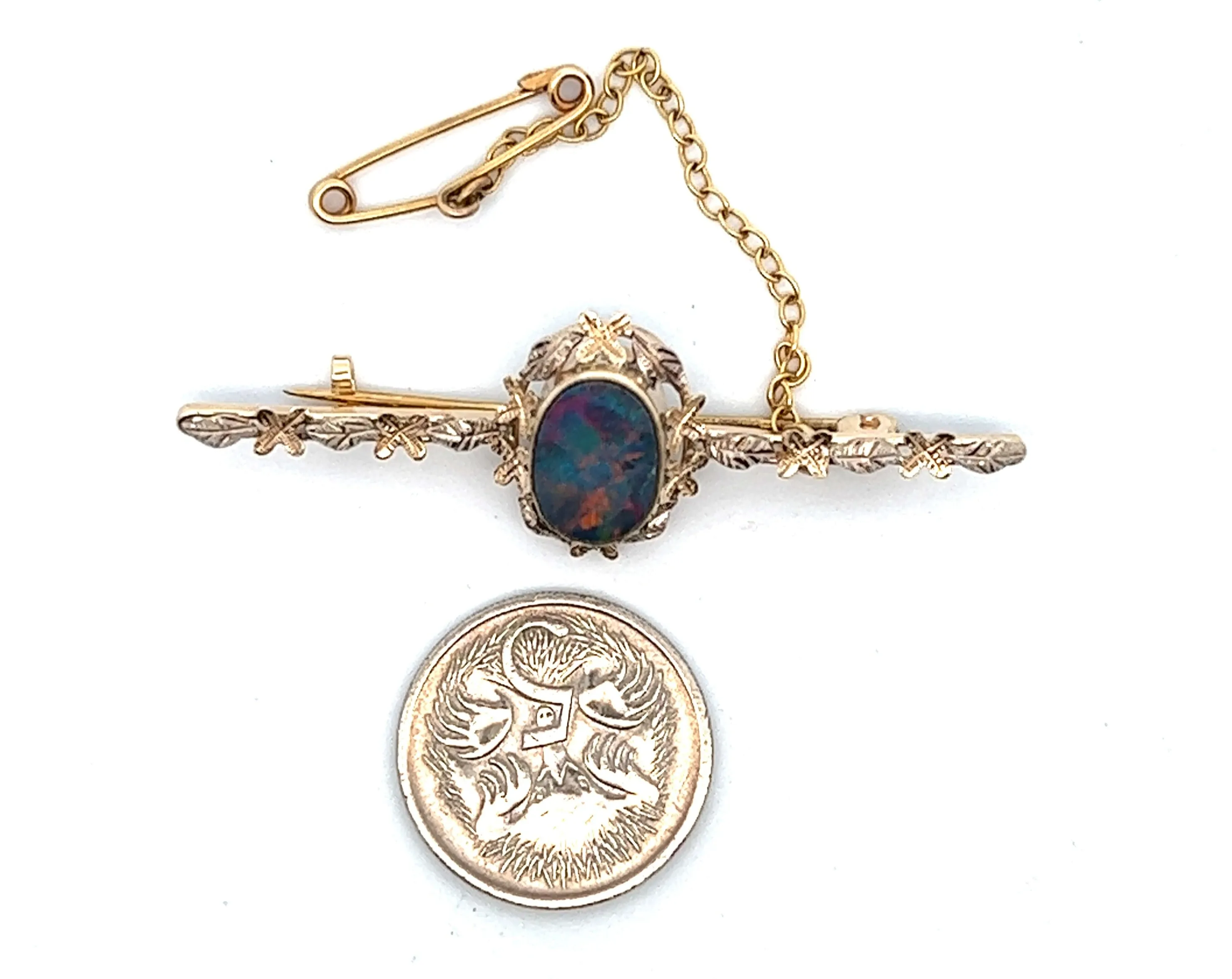 Yellow and White Gold Opal Bar Brooch with Flowers Along the Bar