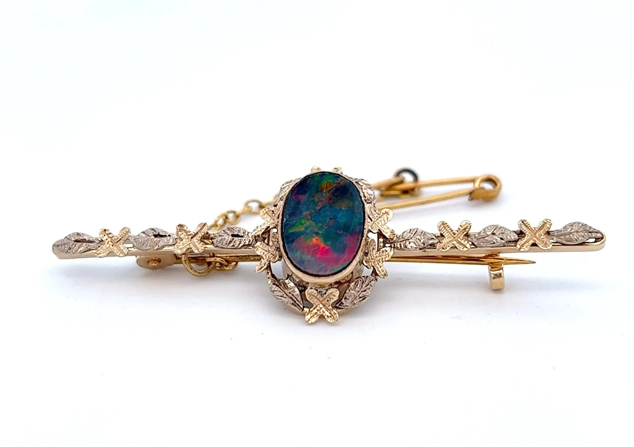 Yellow and White Gold Opal Bar Brooch with Flowers Along the Bar