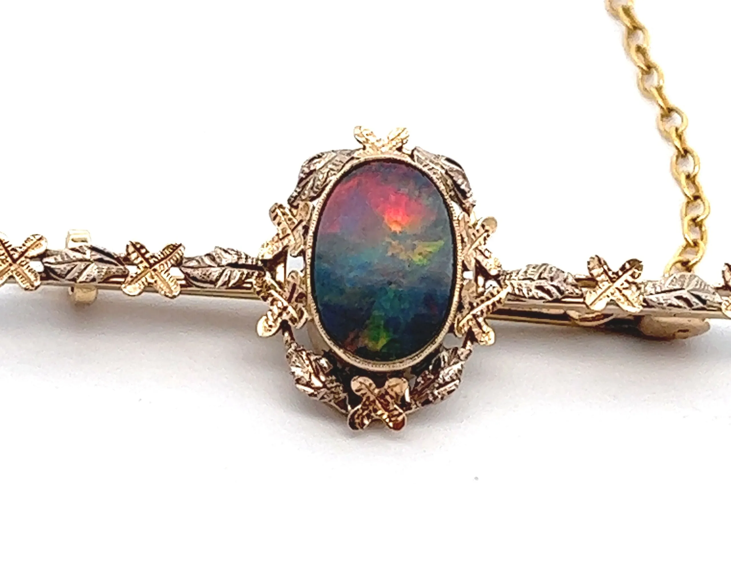 Yellow and White Gold Opal Bar Brooch with Flowers Along the Bar