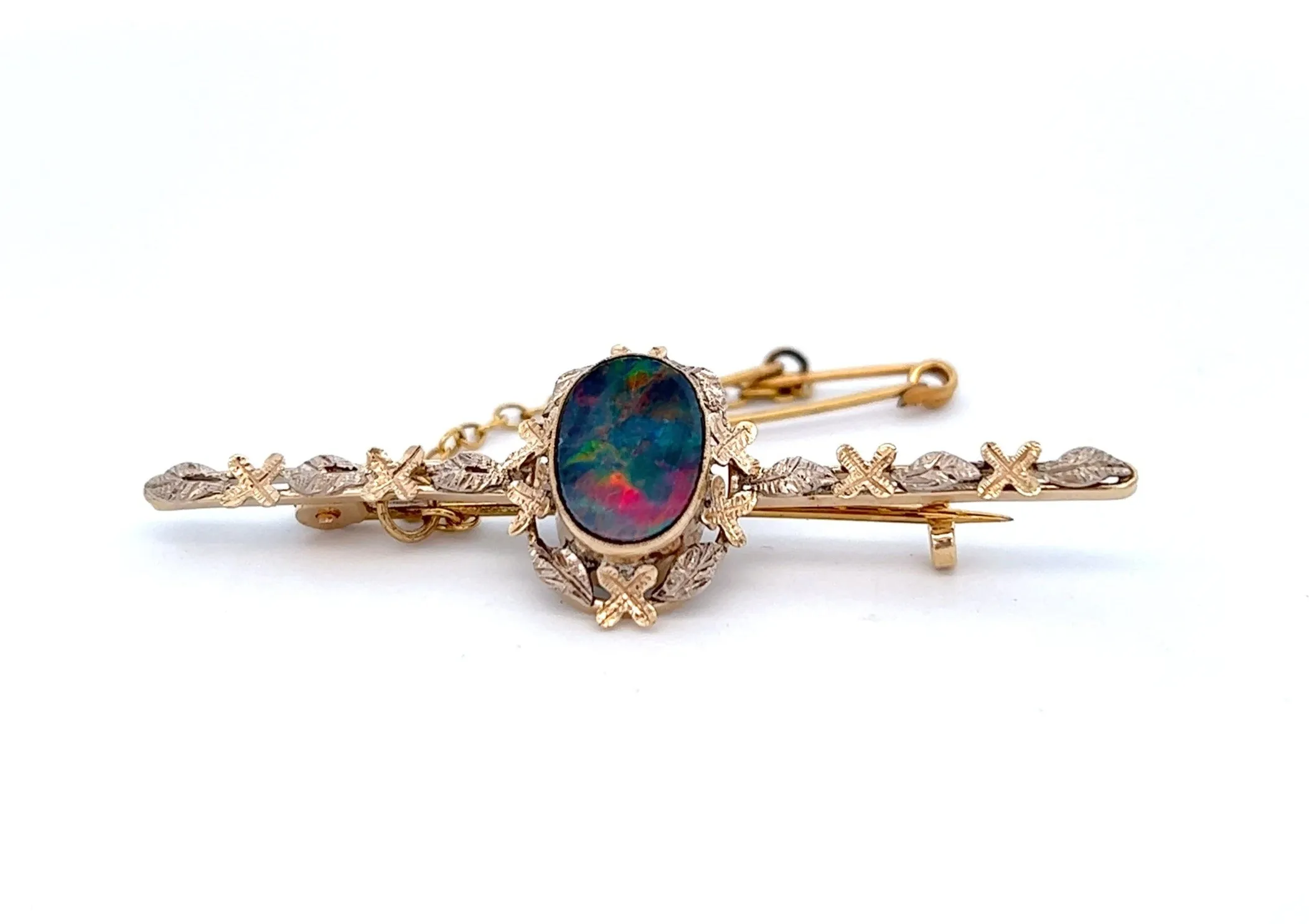 Yellow and White Gold Opal Bar Brooch with Flowers Along the Bar