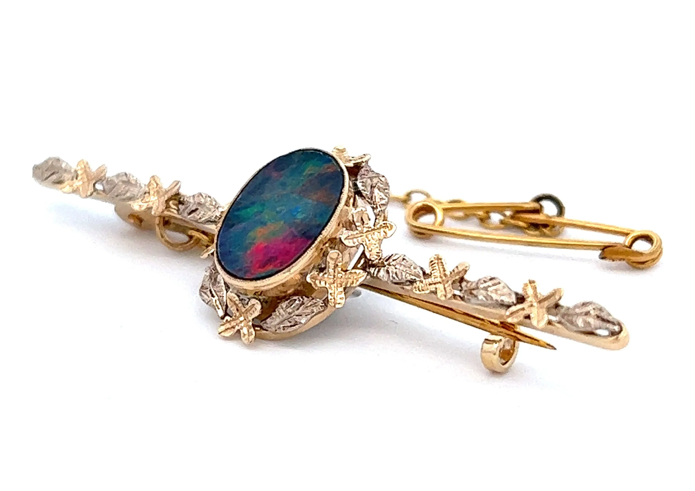 Yellow and White Gold Opal Bar Brooch with Flowers Along the Bar