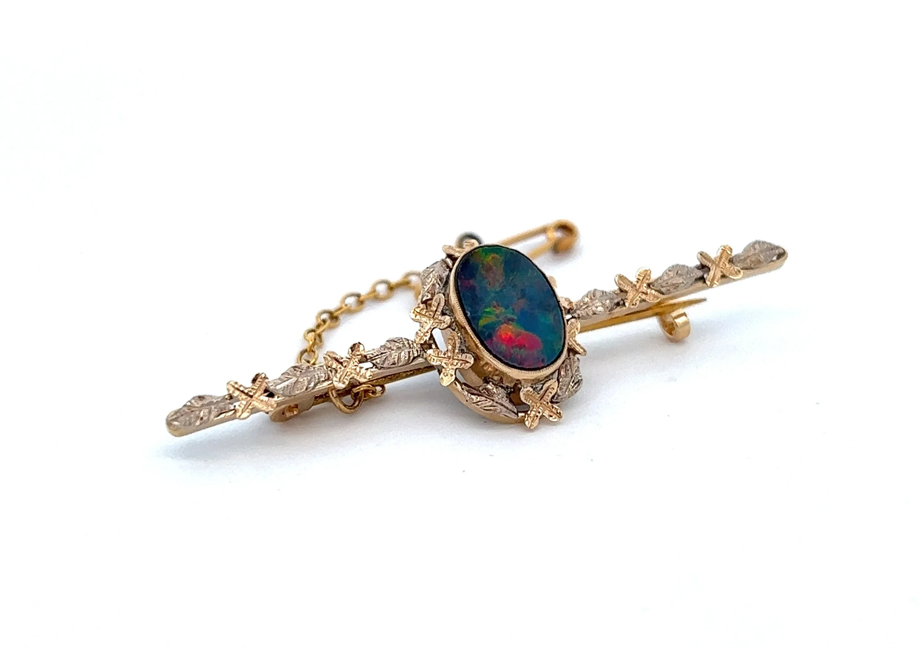 Yellow and White Gold Opal Bar Brooch with Flowers Along the Bar