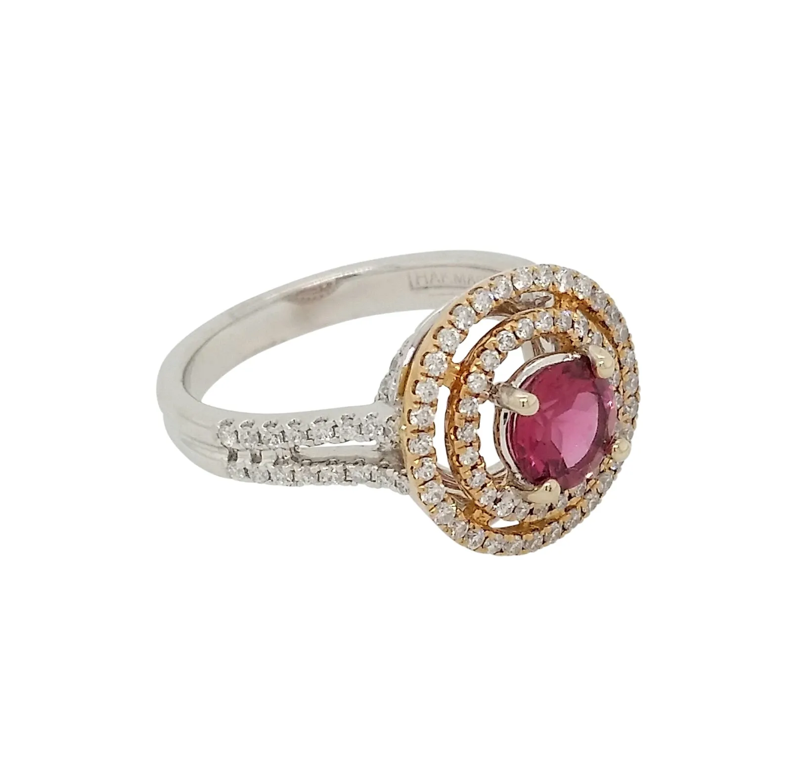 Yellow and White Gold Pink Tourmaline and Diamond Ring