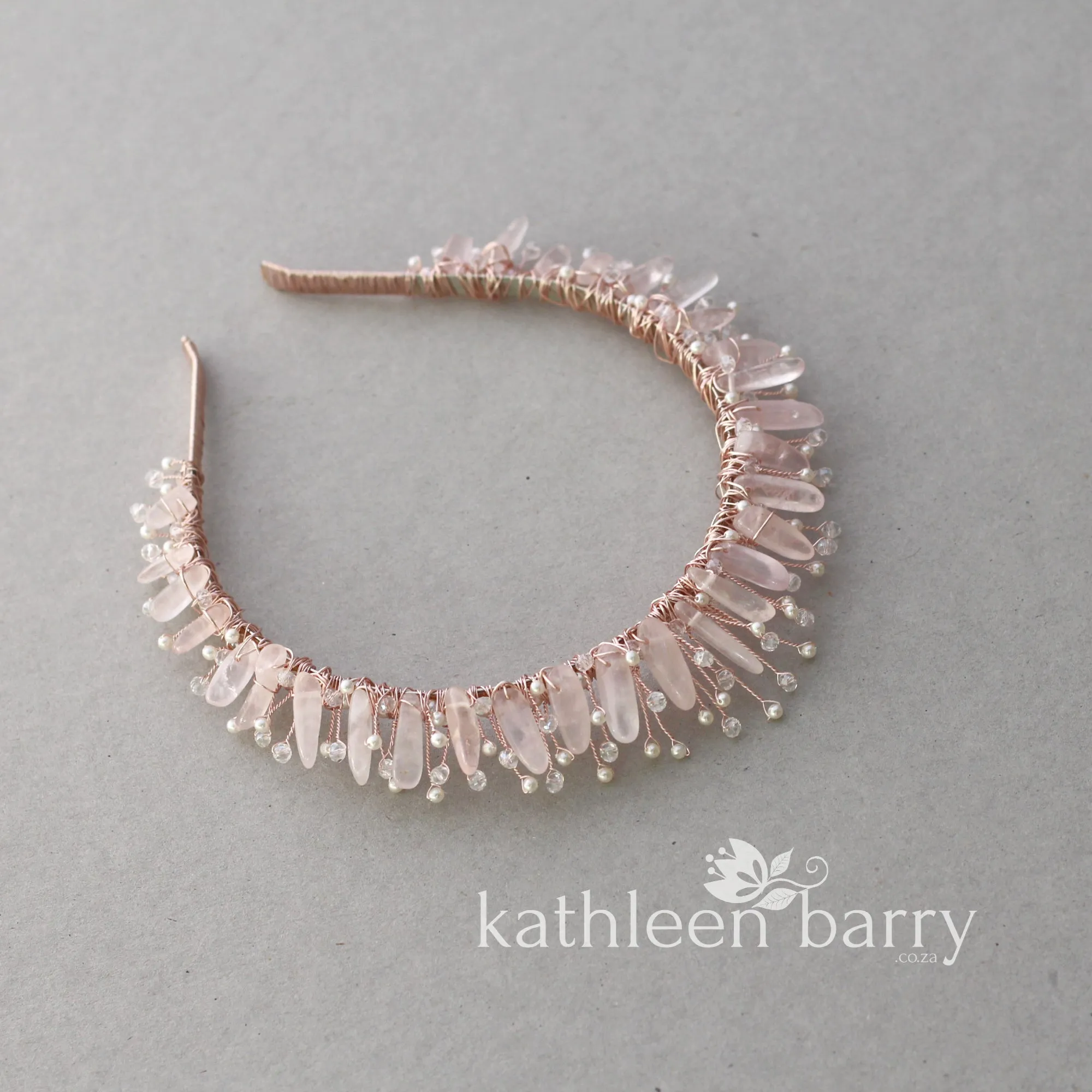 Zenobia Rose quartz and pearl crystal crown - Rose gold, gold or silver