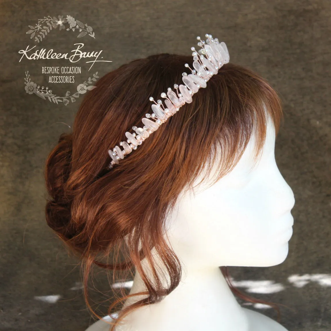 Zenobia Rose quartz and pearl crystal crown - Rose gold, gold or silver